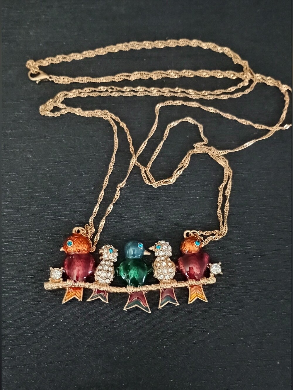 Vintage Gold Tone Multi-Color Bird Pendant  28 " Double Strand Necklace